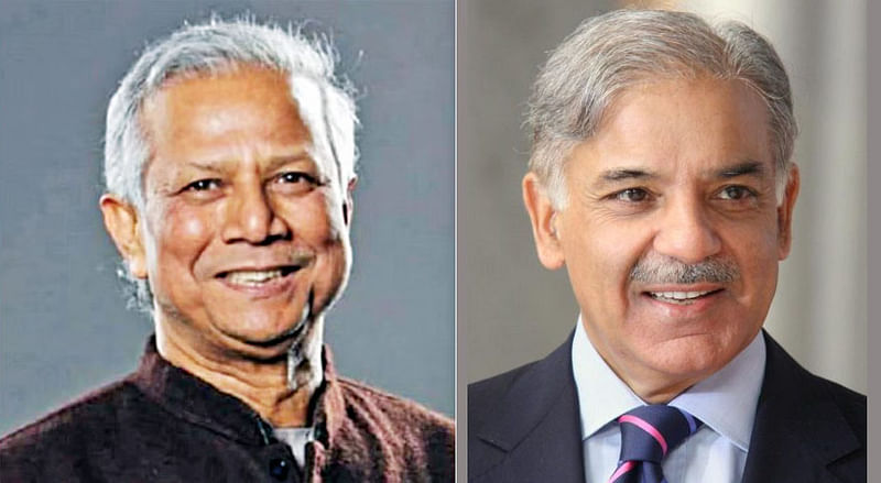 Interim Government Chief Adviser Professor Muhammad Yunus (L) and Pakistan Prime Minister Muhammad Shehbaz Sharif